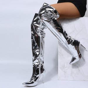 Super Large Size 47 PU Silver Western Long Over-the-<b>Knee</b> <b>High</b> Heel Boots Women's Winter ZIP Closure Anti-Slippery Cotton Lining - Product Image 1