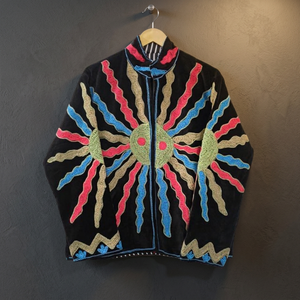 <b>Velvet</b> Mandarin Collar <b>Jacket</b> With Hand Embroidered Geometric Pattern Full Sleeve Autumn Wear <b>Women's</b> Regular Length - Product Image 4