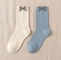 Chaussettes décontractées pour femmes, en coton doux et respirant, blanches et bleues, à volants et nœud, chaussettes unies pour dames