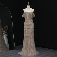 Robe de soirée sirène vintage de luxe Sharon Said SS291, couleur champagne arabe, style Dubaï, sans bretelles, ornée de perles de cristal et de paillettes, avec traîne.