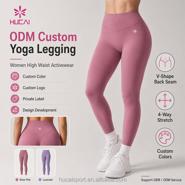 ODM HUCAI Custom Logo High Waisted Gym Workout Pants Tight Sports Yoga Pants Pilates Fitness Butt Lifting Yoga Legging for Women