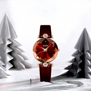 Reloj de lujo para mujer en oro rosa con esfera de cristal rojo con corte de diamante y correa de cuero burdeos, reloj de pulsera de cuarzo - Product Image 1