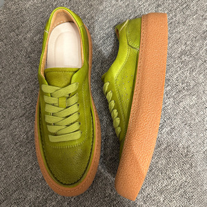 Genuine <b>Leather</b> Casual <b>Sneakers</b> Green Thick Sole Mid Heel Breathable Sporty Men's Shoes - Product Image 3