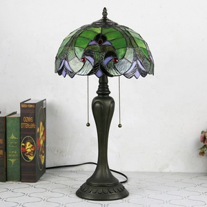 LongHuiJing Classical Vintage Handmade Table Lamp Tiffany Green Stained Glass Lampshade Desk <b>Light</b> for Living Room Decoration - Product Image 5