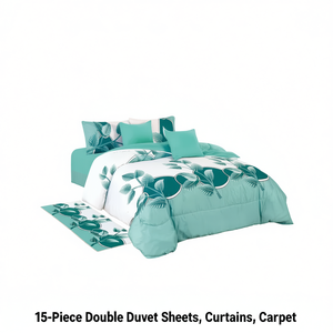 Ensemble de literie double 15 pièces avec housse de couette, draps, rideaux et tapis dans un design moderne à imprimé feuilles, tissu en microfibre, 800 T - Product Image 1