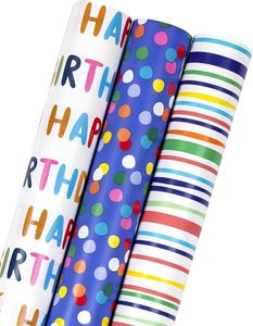Papel de Regalo Impreso de Feliz Cumpleaños, Rollo de Papel de Regalo al por Mayor de 17 Pulgadas con Diseño de Rayas y Puntos Coloridos para Niños y Adultos - Product Image 1