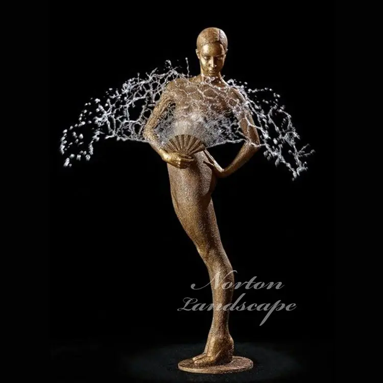 Garten dekoration Metall figur Skulptur Brunnen Hand geschnitzte polierte Bronze Brunnen der Kunst Nackte Frau hält einen Fan