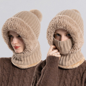 Bonnet d'hiver en tricot chaud et coupe-vent pour femmes, <span class=keywords><strong>cagoule</strong></span> de cyclisme 3 en 1, bonnet en peluche épais à pompons. - Product Image 2