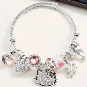 Pulseras de Acero Inoxidable al por Mayor con Dijes de Moda para Mujeres y Niñas, Pulsera de Joyería Hello Kitty con Cuentas de Diamantes de Imitación - Product Image 3