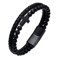 Bracelet croisé noir mat en cuir tressé avec boucle magnétique en alliage noir et blanc, bracelet punk pour homme