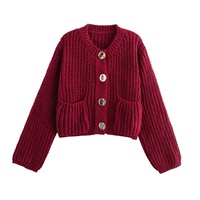 Kardigan Rajut Wanita Model Vintage Lengan Panjang Kancing Besar Kasual, Sweater Rajut Jarum Tebal untuk Wanita