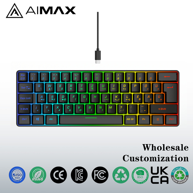 Custom ISO Mechanical Keyboard 60% Compact RGB Backlit Rechargeable Wired USB-C Gaming Keyboard German Layout