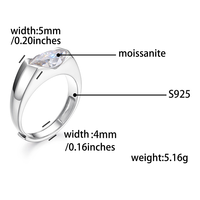 Bague ajustable pour homme en argent sterling S925 plaqué or, incrustée de moissanite, style hip-hop tendance, 1 pièce