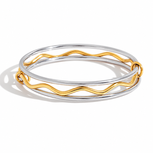 สร้อยข้อมือลายคลื่นสองสี สแตนเลสสตีลชุบทอง 14K แบบสุญญากาศ รูปทรงวงกลมเชื่อมต่อกันเป็นห่วง - Product Image 1