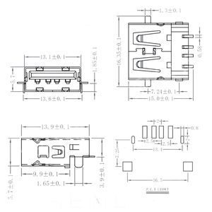 Connecteur USB 2.0 Type-A Femelle à Angle Droit, Montage SMT Encastré à Profil Bas Sans Bride, 4 Broches avec Ailettes de Fixation - Product Image 6