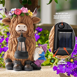 Vache <span class=keywords><strong>Highland</strong></span> avec Gnome Résine Artisanat Statues de Lanterne de Jardin Drôles avec Décor de Lumière Solaire Extérieur - Product Image 4