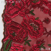 Dentelle brodée extensible de 26 cm avec bordure rouge et petites fleurs de roses, en tulle élastique noir, pour vêtements féminins et soutiens-gorge