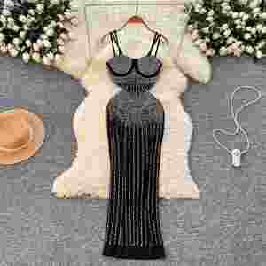 เดรสลำลองทรงเข้ารูปแบบไม่มีสายคล้องไหล่สำหรับผู้หญิง แขนกุด สีพื้น ผ้าทอธรรมชาติ ระบายอากาศได้ดี เป็นมิตรกับสิ่งแวดล้อม แต่งลูกไม้ลายเพชร สีดำ - Product Image 1