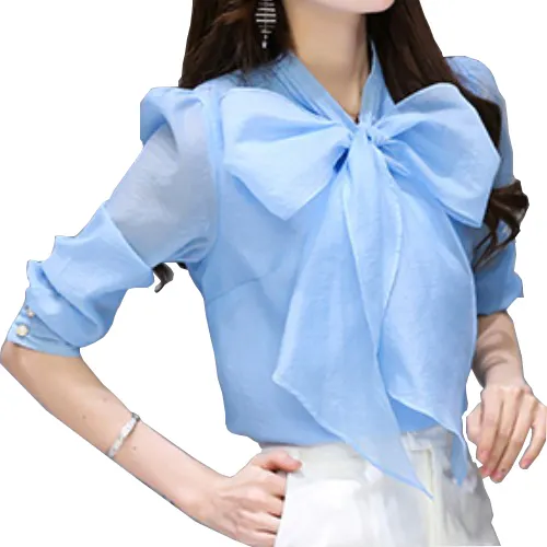 Hot Sale Fashion White Blue Solid Color Top Long Sleeve Chiffon Tops Shirt Elegant V-neck Women Blouse