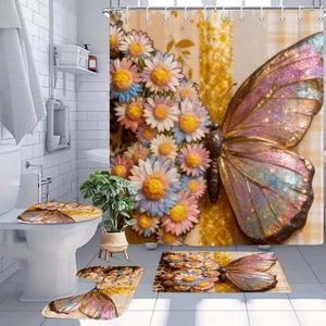 Cortina de Ducha de Poliéster con Diseño de Mariposas Doradas y Margaritas, Impresión Digital Personalizada, Impermeable, Venta al Por Mayor - Product Image 3