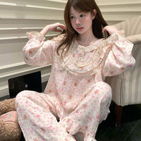 Ensemble de pyjama pour femmes, imprimé floral ours mignon, manches longues, dentelle à volants, gaze de coton douce, vêtements de maison amples, tenue de nuit douce pour femmes