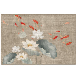 Tapis de salle de bain rectangulaire antidérapant à séchage rapide, imitation lin style chinois, motif lotus et poissons, lavable, pour porte. - Product Image 3