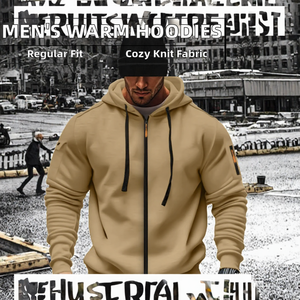 Sweat à capuche zippé intégral pour homme, kaki premium, personnalisé, avec cordons de serrage noirs, poignets côtelés, manches longues, style streetwear décontracté, vente en gros - Product Image 2