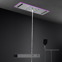 Système de douche à effet pluie LED, pommeau de douche rectangulaire, mitigeur de bain en laiton à 5 poignées avec fonction massage à double commande