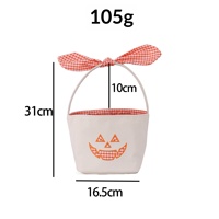 Panier à bonbons d'Halloween en toile avec doublure en coton à carreaux, broderie citrouille, poignée incurvée et nœud à carreaux