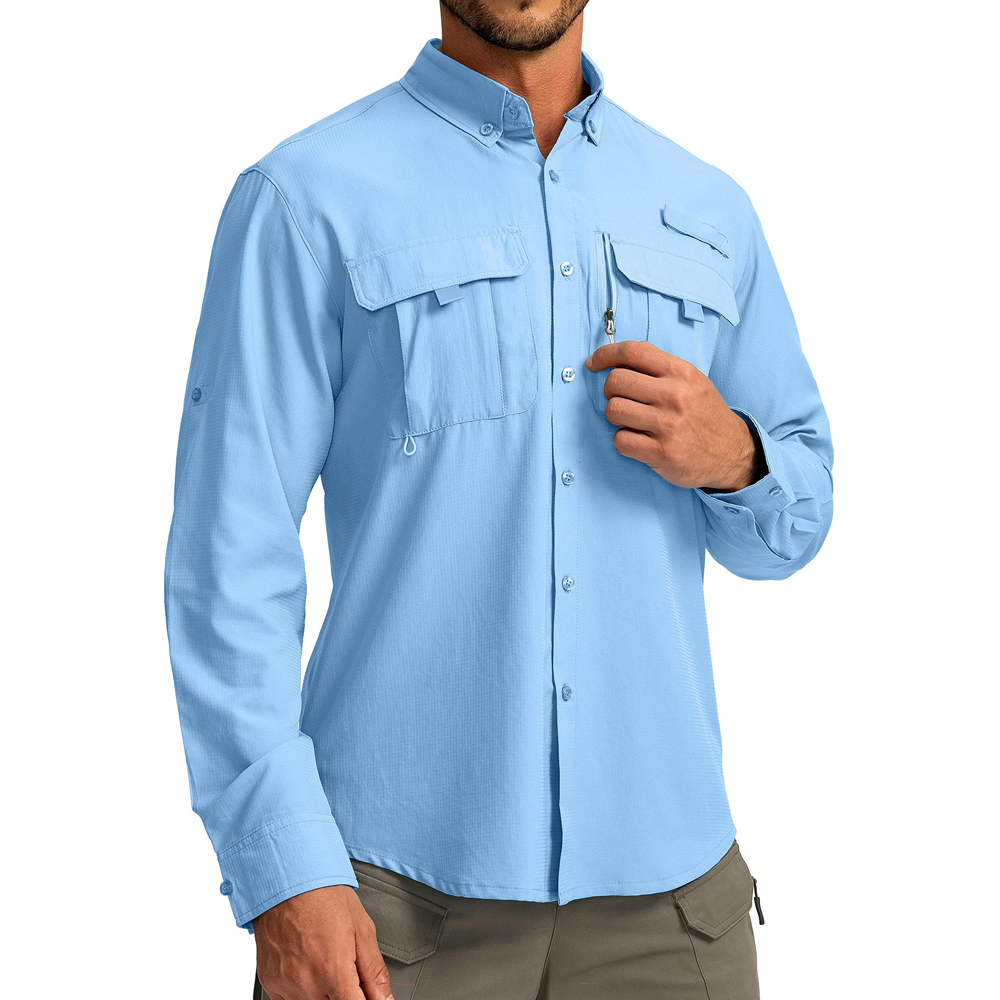 Logotipo personalizado Hombres Botón Arriba Abajo Camisa de pesca azul real Spf 50 Protección Uv Secado rápido Camisas de pesca de manga larga con bolsillos