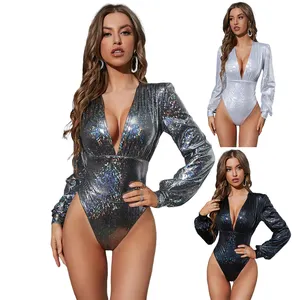 Groothandel Oem Service Stijlvolle Sexy Diepe V-hals Shiny Lange Mouwen Bodysuit Tops Voor Vrouwen