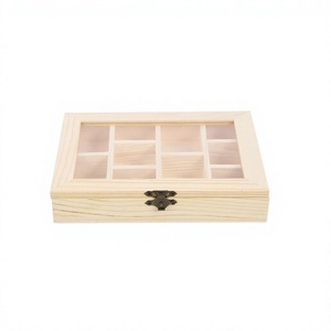 Boîte de rangement rectangulaire en bois naturel de haute qualité, faite à la main, avec couvercle en verre et diviseurs pour la décoration de table - Product Image 1
