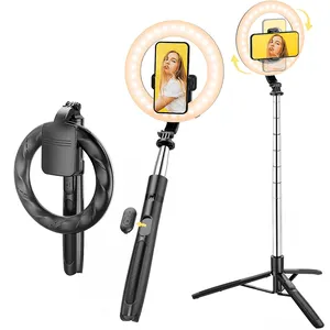 CYKE 3 In 1 halka ışık Tripod telefon tutucu canlı Video taşınabilir Led dolgu işığı Selfie sopa Tripod Bluetooth kablosuz uzaktan Q05s