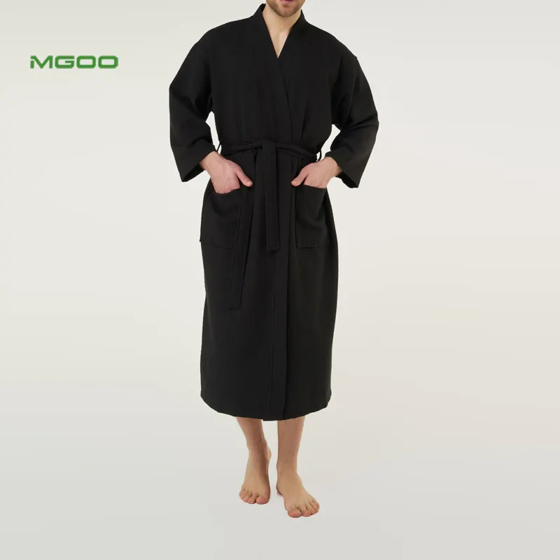 MGOO Đen Custom Made Áo Choàng Tắm Waffle Dệt Khách Sạn Bath Kimono Robe Cho Nam Giới