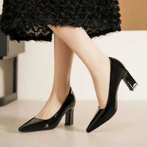 Escarpins à bout pointu et talon carré en cuir verni, chaussures de bureau à talon haut pour femme 7188A - Product Image 1