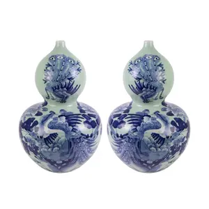 RXBB01-A-B-C青色釉面狮子、凤凰、花和图案人物设计陶瓷葫芦桌面花瓶