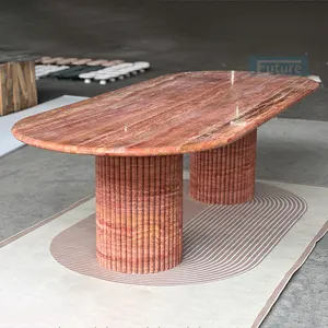 Mesa de jantar luxuosa personalizada em travertino vermelho natural, móveis de pedra, mesa de jantar em travertino marmoreia oval canelado