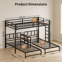 Cama Triple Alta Tipo Loft de Metal con Espacio Vacío Debajo, Diseño de Literas Escalonadas para Niños y Padres