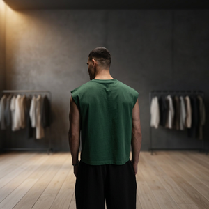 Men's Sleeveless O-Neck Casual Cropped Knitted Tank Top 180gsm 100% GOTS Certified Organic Cotton Pine <b>Green</b> Eco-Friendly Quick - Product Image 2