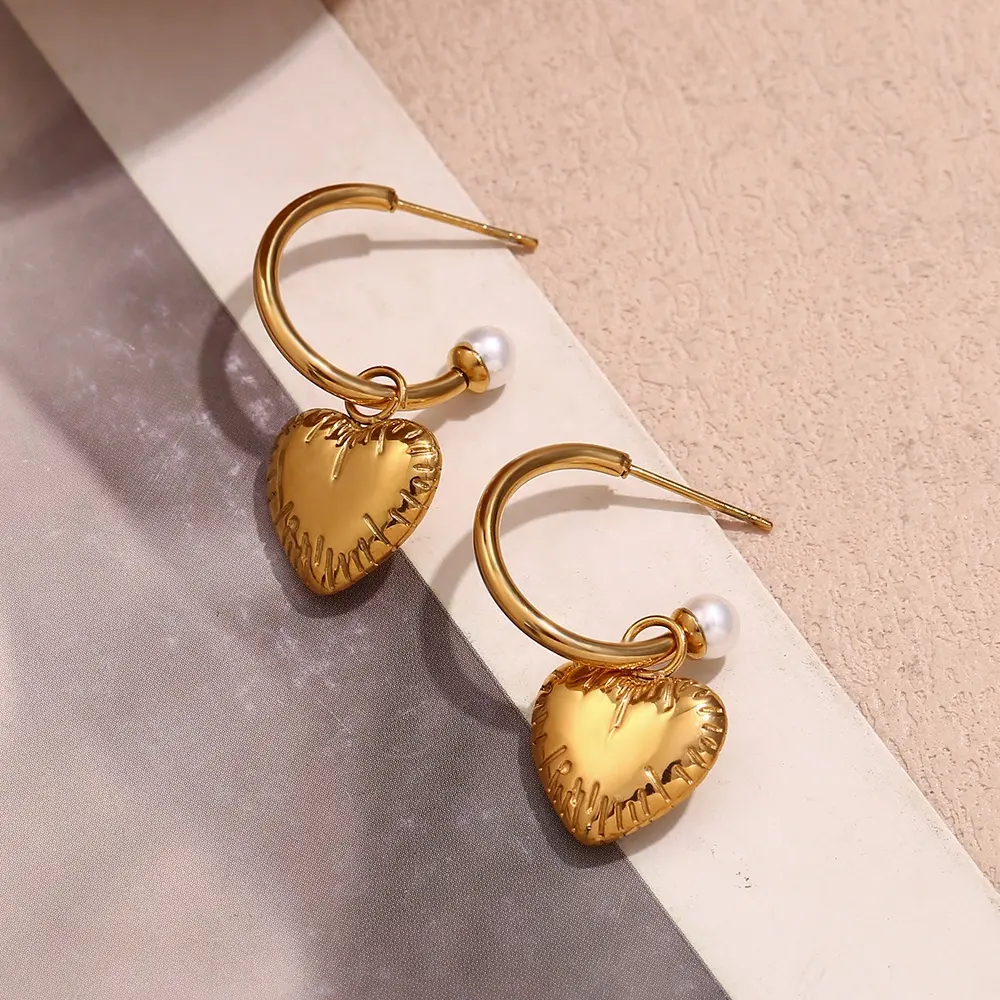 Vintage Jewelry Engraved Heart PVD Drop Earrings 18K Gold Plated Stainless Steel Jewelry