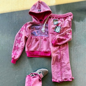 Custom Applique Patch Print Sweat Suits Jogging Acid Wash <b>Zip</b> <b>up</b> Hoodies and Sweatpants Set Leg Pants <b>Cropped</b> pink Sweatsuit Set - Product Image 2
