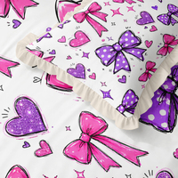Parure de lit 7 pièces pour filles Princesse à volants, motif nœud et cœur rose et violet, avec couette, drap plat et drap-housse