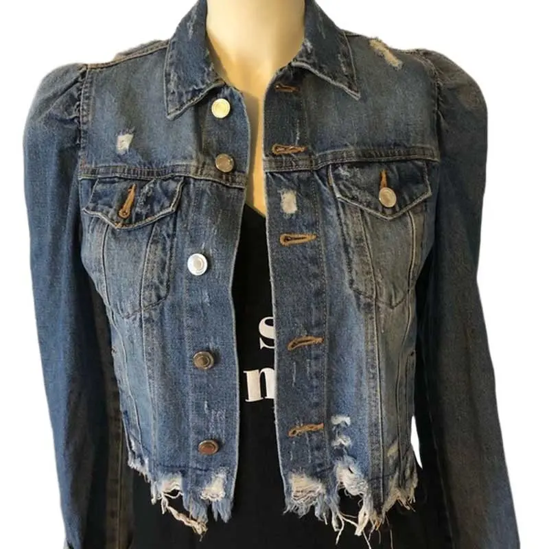 Fall Fashion Casual Ladies Jacket Blazer Distressed Puffed Sleeve Bomber Jean/woman jeans