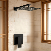 Système de douche encastré monofonction noir mat - Pommeau de douche carré effet pluie avec bras mural, mitigeur monocommande pour