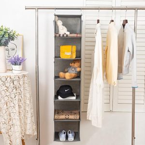 Organisateur de placard suspendu à 6 étagères, 1 paquet avec 4 poches latérales pour le rangement des vêtements et des chaussures, crochet mural à fixer derrière la porte - Product Image 5