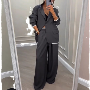 Nuova Collezione Autunnale: Completo <span class=keywords><strong>Donna</strong></span> <span class=keywords><strong>Grigio</strong></span> Elegante con <span class=keywords><strong>Blazer</strong></span> a Maniche Lunghe e Scollo a V e Pantaloni, 2 Pezzi Ecologici e Alla Moda - Product Image 1