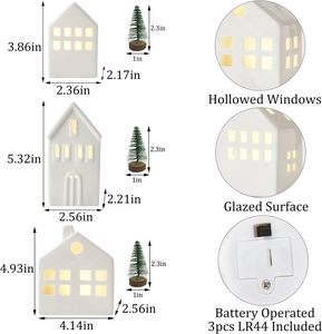 Casas de pueblo navideñas de cerámica con luces LED, decoración rústica para el hogar, para mesa, repisa de chimenea - Product Image 2