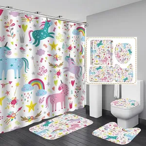 Cartoon 3D Print Polyester Waterproof Bath Pink Rainbow Unicorn Shower Curtain Set for Kids Girl Bathroom