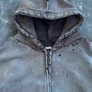 Sweat à capuche pour homme en coton lourd French Terry, style streetwear personnalisé, épaules tombantes, effet délavé vintage, délavé à l'acide - Product Image 2