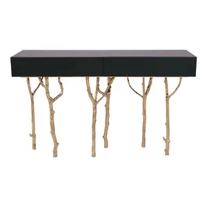 Villa house special design high quality solid wood top brass base fancy high end wooden console table